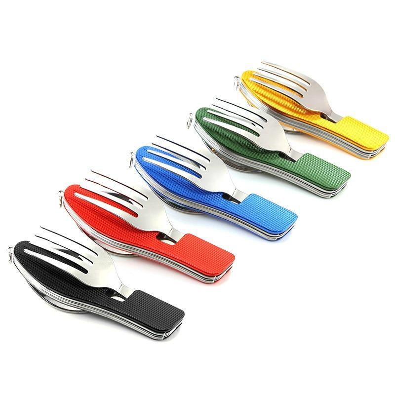 4-in-1 Stainless Steel Spoon Knife Fork Bottle Opener Foldable Pocket Kit Outdoor Cutlery Set Foldable Portable Compact