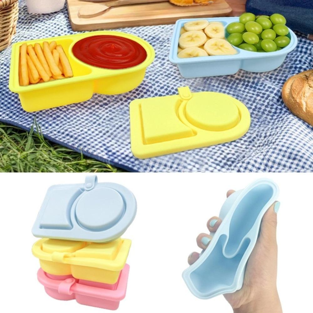 Silicone Snack Containers 2 Compartment with Lids Food Dispenser Sauce Dish Reusable Salad Dressing Container for Picnic Travel