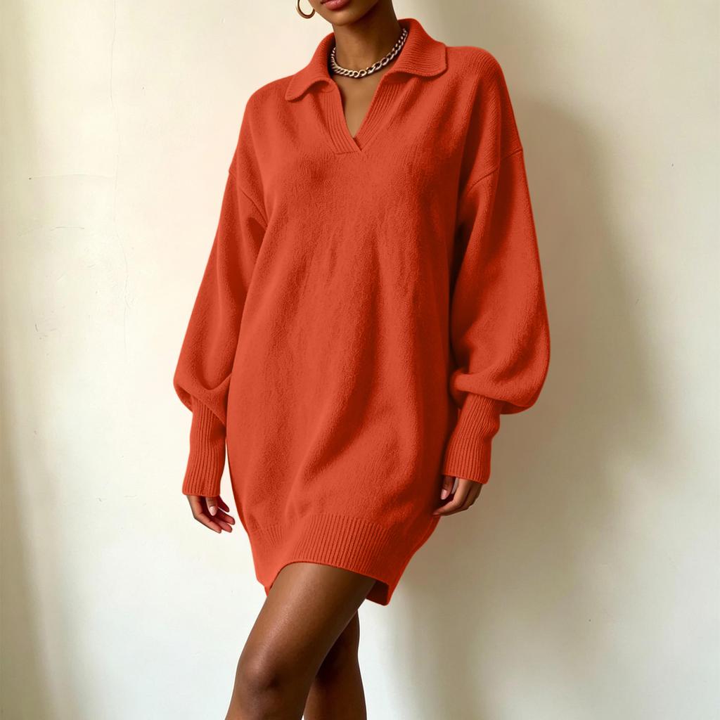 Women's Loose Fit Mid-Length Knit Sweater Dress with Sleeves and Turn-Down Collar