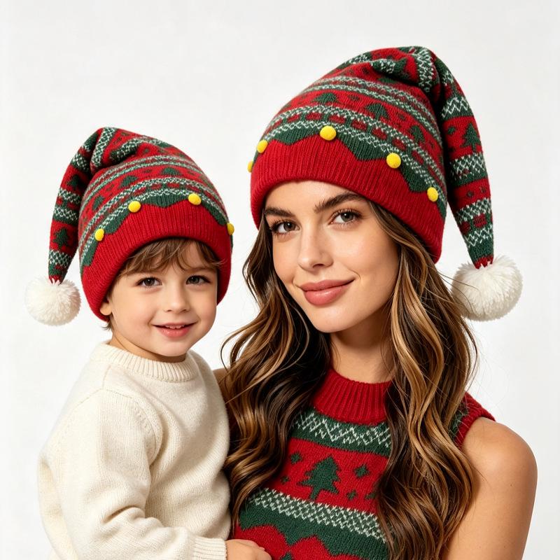 Red Christmas Knit Parent-Child Pom-Pom Hat