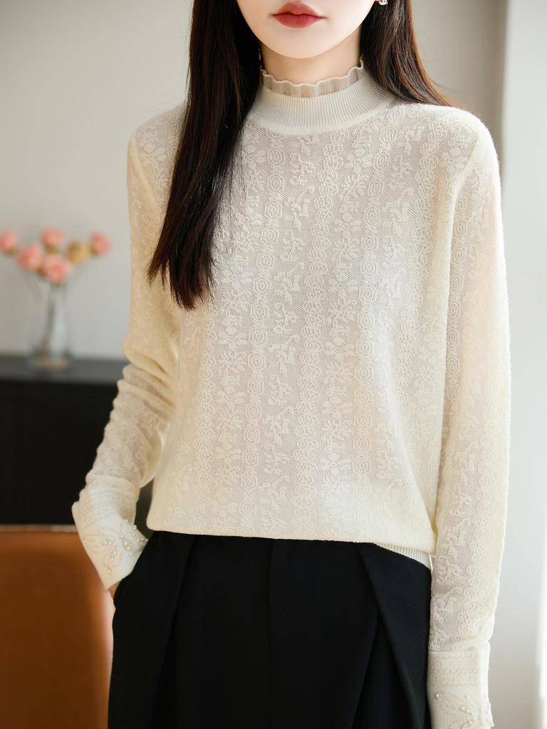 Elegant Ruffled Knit Sweater: Half-High Collar, Warm & Versatile for Autumn/Winter.