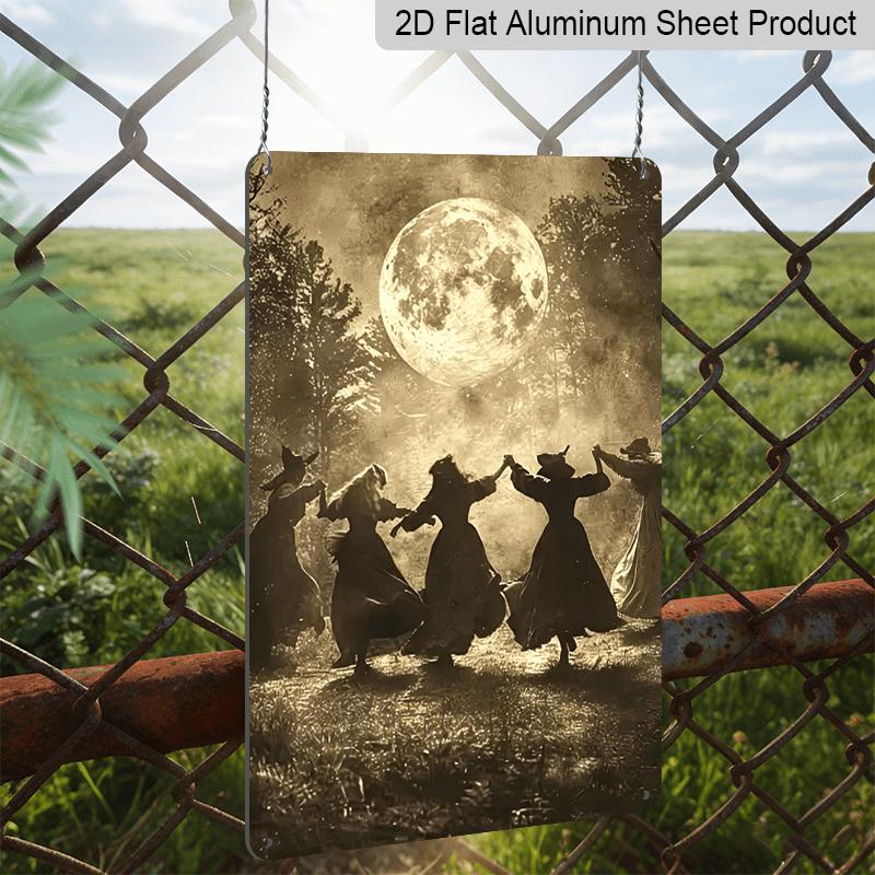 2D Flat, 1pc Vintage Witches Dancing Under Full Moon Aluminum Sign - Gothic Halloween Decor, 8*12 Inches, Suitable for Living Room Wall, Garden