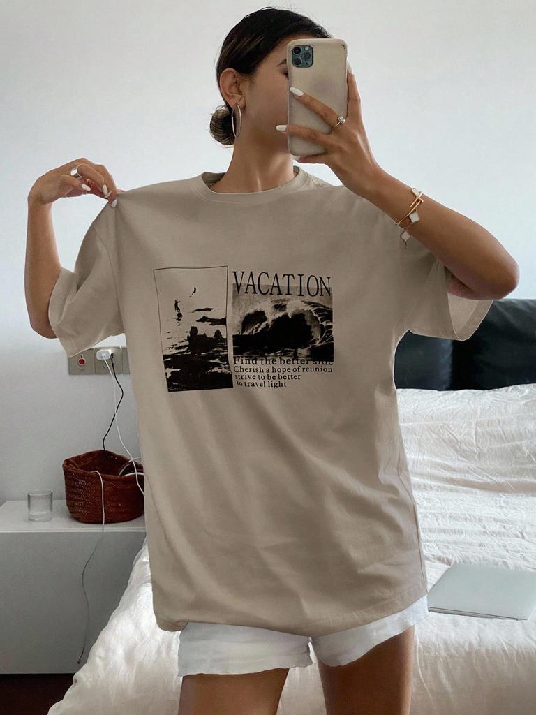Women Summer T Shirt Vacation Wave Print Tee Casual Short Sleeve Crew Neck Top Trendy Comfortable Loose Top
