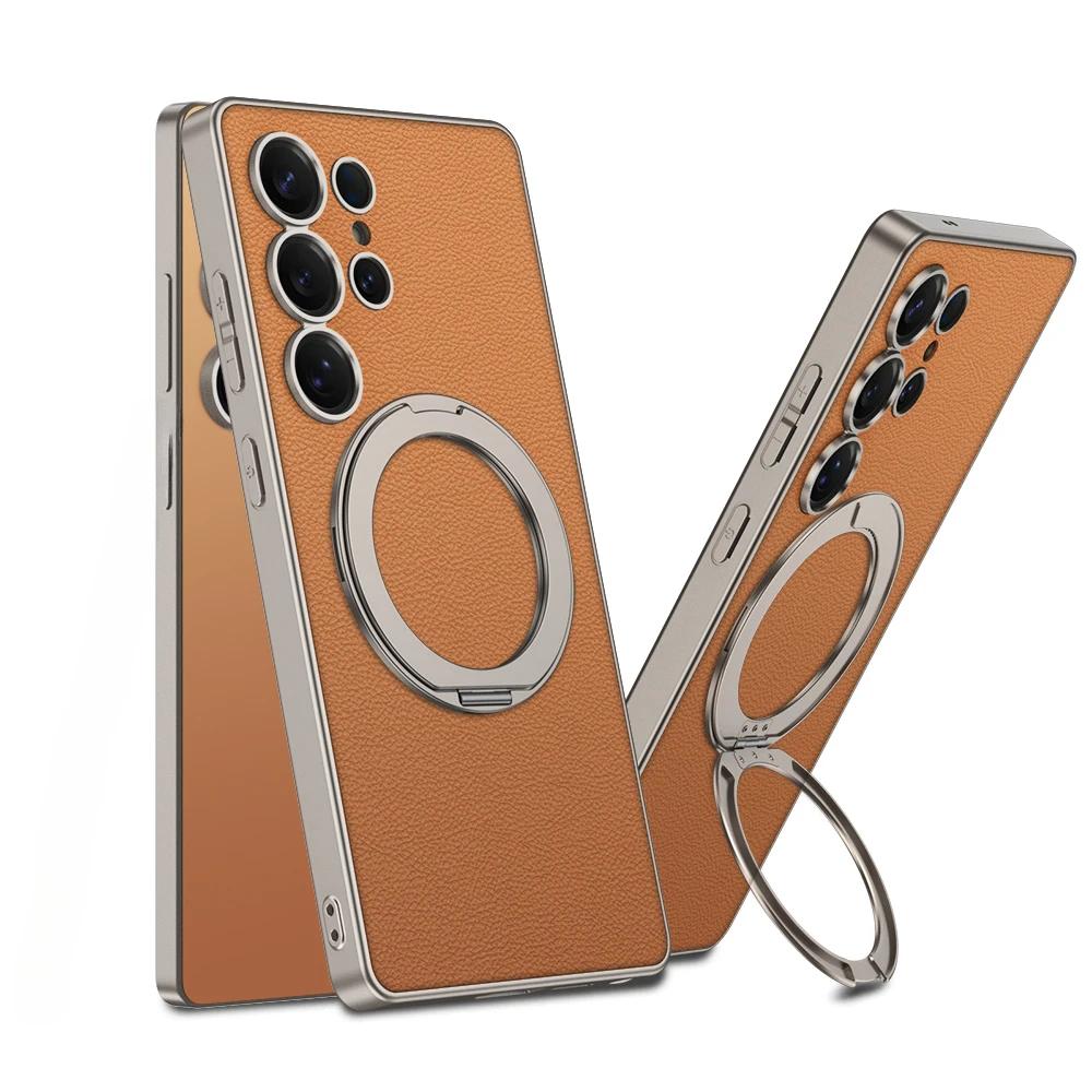 Magnetic Rotating Bracket Phone Case for Samsung Galaxy S25 Ultra Electroplate Leather Holder Shockproof Protective Cover