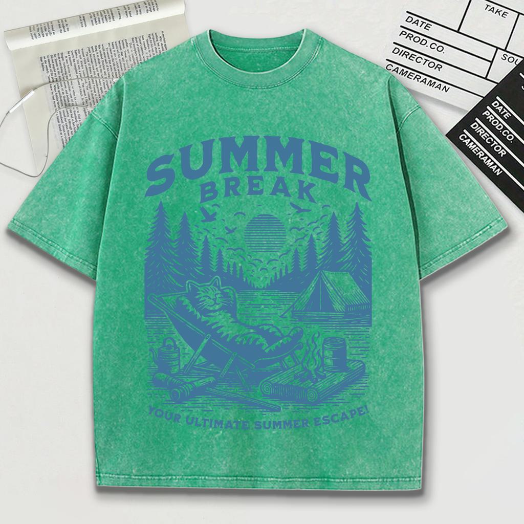 Summer Break Prints Washed T-Shirt Men Summer Loose Cool O-Neck Tee Breathable Sport Soft Cotton Short Sleeve