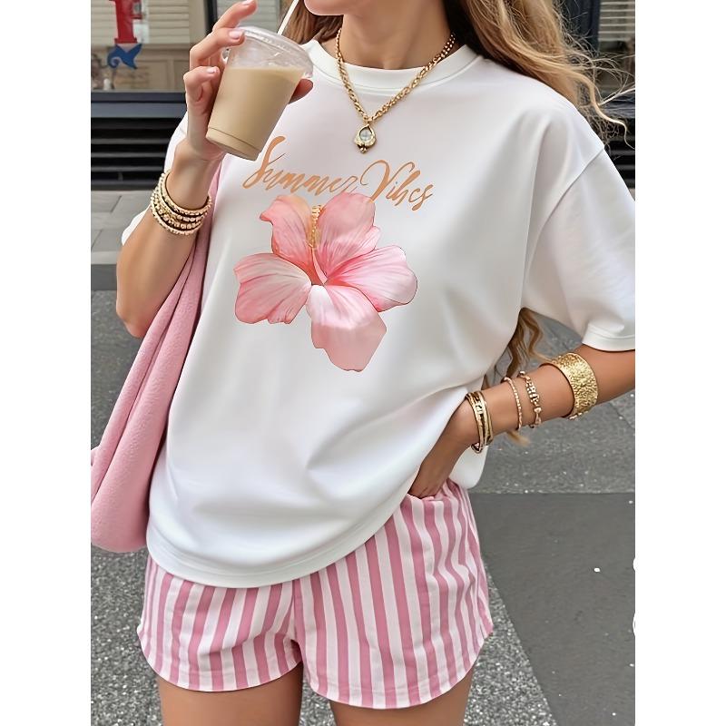 New Arrival Women s Crew Neck Short Sleeve T-Shirt Pink Floral Print Casual Top for Spring Summer S белый