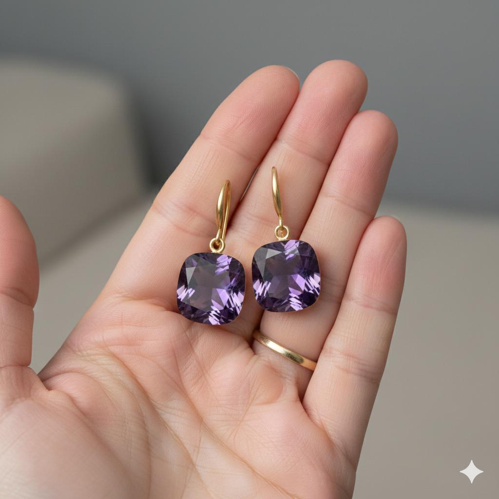 Amethyst Hook Earring, 925 Sterling Silver In Yellow Gold fill, Cushion-Cut Gemstone, Drop Dangle Earring, Handmade Vintage Jewelry