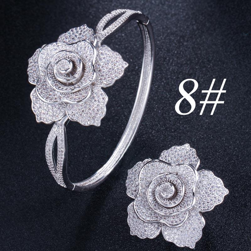 WWJ Super Luxury Zirconia Large Golden Color Geometric Flower Wedding Ring Bangle Sets