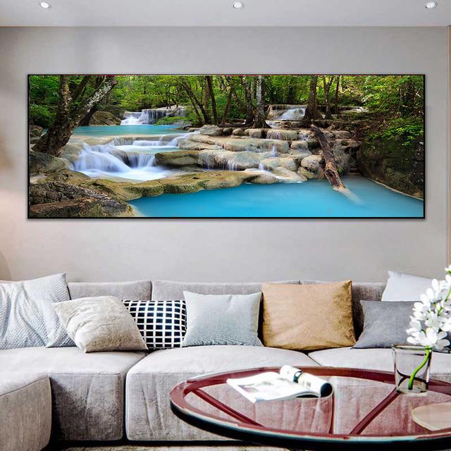 Krajina Přírodní Vodopád Obraz na plátně Zelený strom Jezerní list Plakáty a obrazy Nástěnný obraz Obývací pokoj Home Decor Bez rámu