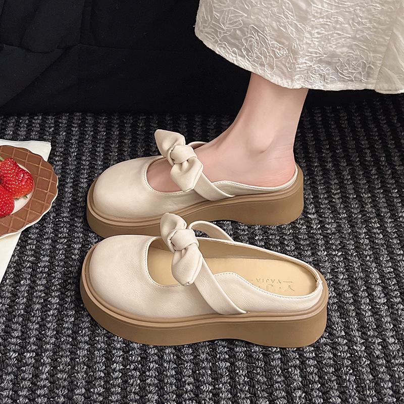 Thick-bottomed bow bag head half slippers women's outer wear 2025 new spring and summer one-pedal Mary Jane sandals