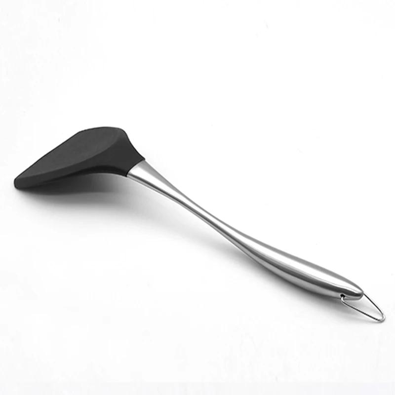 

Силиконовая антипригарная лопатка с ручкой из нержавеющей стали, лопатка для переворачивания, лопатка для говядины, мяса, блинов, жаропрочный кухонный скребок чёрный