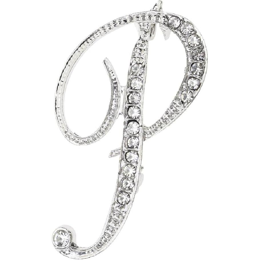 26 Letter Brooch Pins Small Silver Metal Rhinestone Crystal Initial A~Z Alphabet Brooch Lapel Pins for Men Women Girls Boys Birthday Christmas