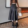 2025 Autumn/Winter Women's High-Waisted PU Leather A-Line Midi Skirt - Elastic Waist, Loose Bodycon Design