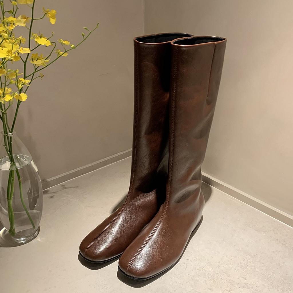 Soft Cowhide Thick-soled Boots for Women's Autumn and Winter New Round-headed Leather, Thin Flat-bottomed Inner Heightening Knight Boots, Boots