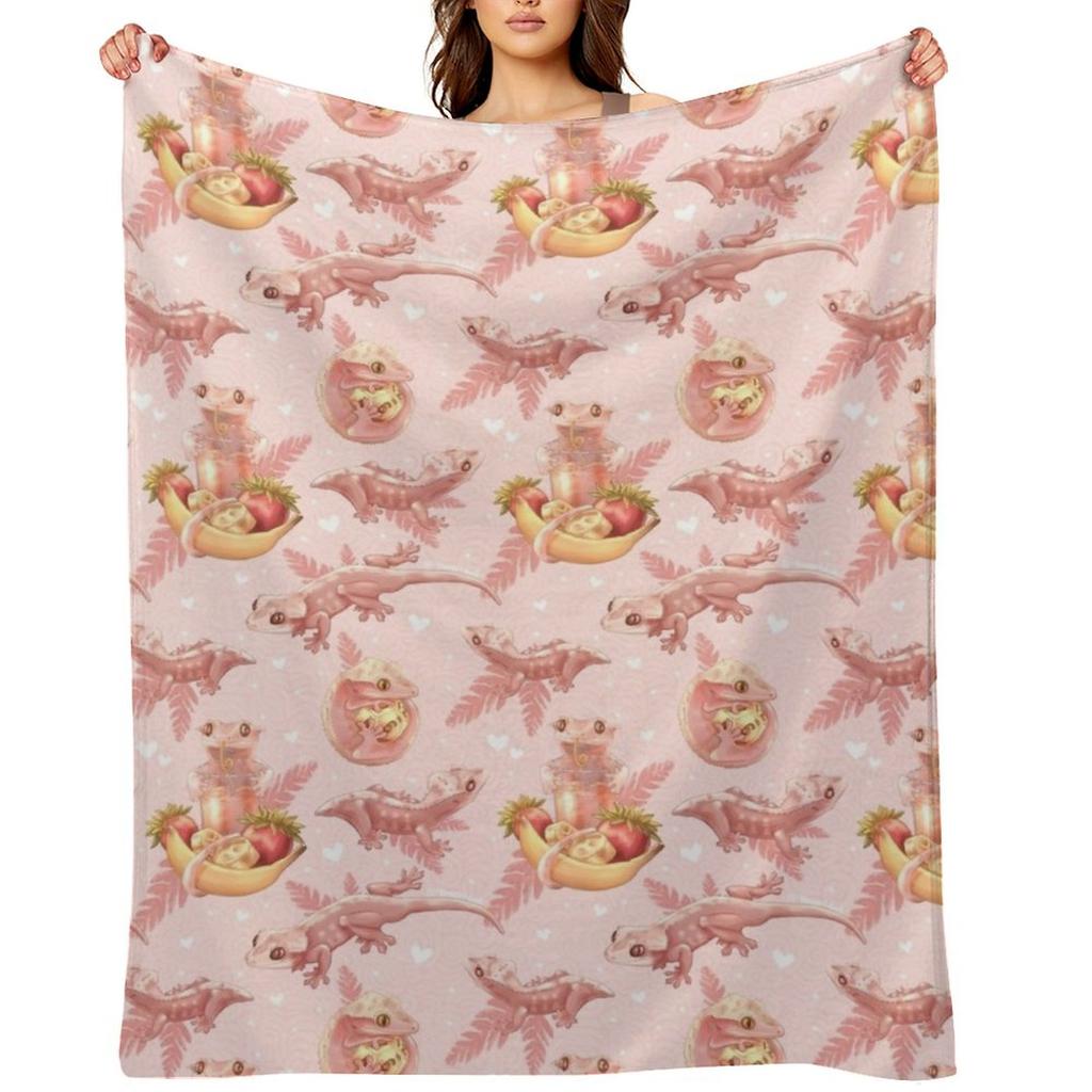 Pink Crested Gecko Pattern Throw Blanket Thermals For Travel Valentine Gift Ideas Retros Thins Blankets