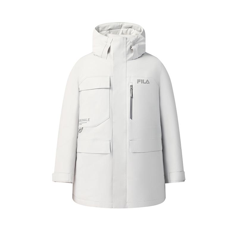 Fila Original Fashion Casual Sports Versatile Work Style Duck Down Warm Mid-Length Hooded Down Jacket Men Outerwear Cool-Stone-White F11M549902FWT