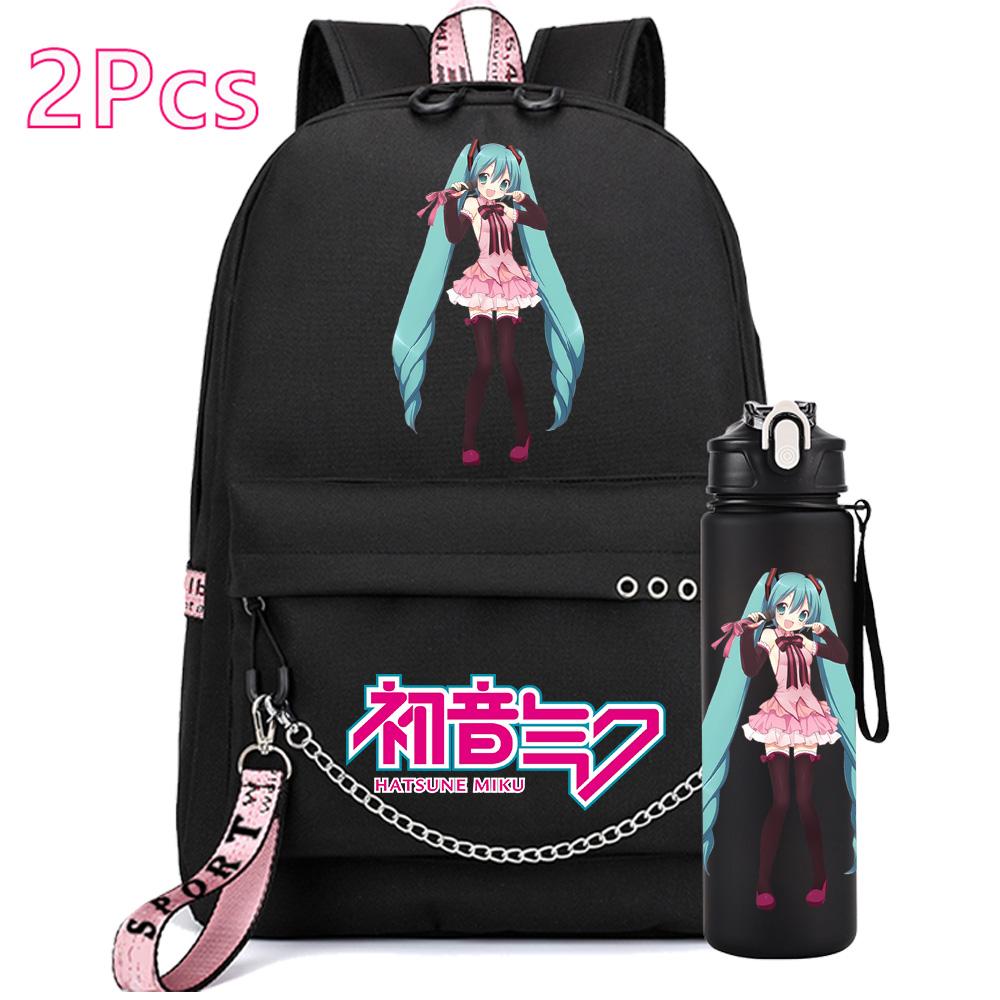 2 Pezzi/set Zaino Stampato Anime Hatsune Miku con Borraccia da 750Ml per Ragazza Ragazzo Adolescente Grande Capacità Impermeabile Borsa per Libri Regalo