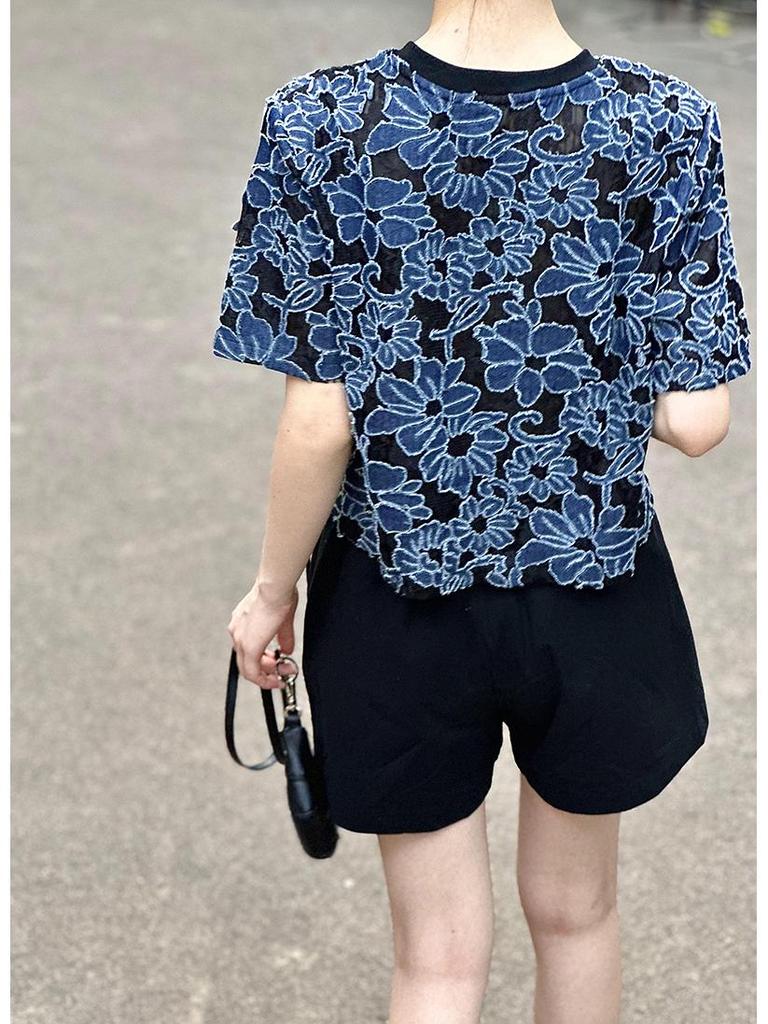 Orange Zhi Xia Summer Lace Cutout Jacquard T-shirt - High-end Round Neck Pullover Top