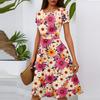Women's Casual Fashion Round Neck Pleated Short Sleeve Floral Print A-Line Midi Dress