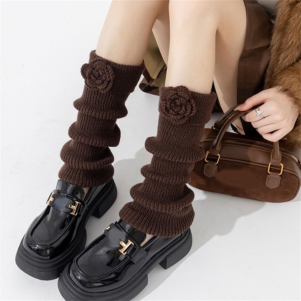 Casual Elegant 3D Flower Decorated Leg Warmers Soft Acrylic Ribbed Knit Turn Cuffs Boot Toppers Footless Socks for Women