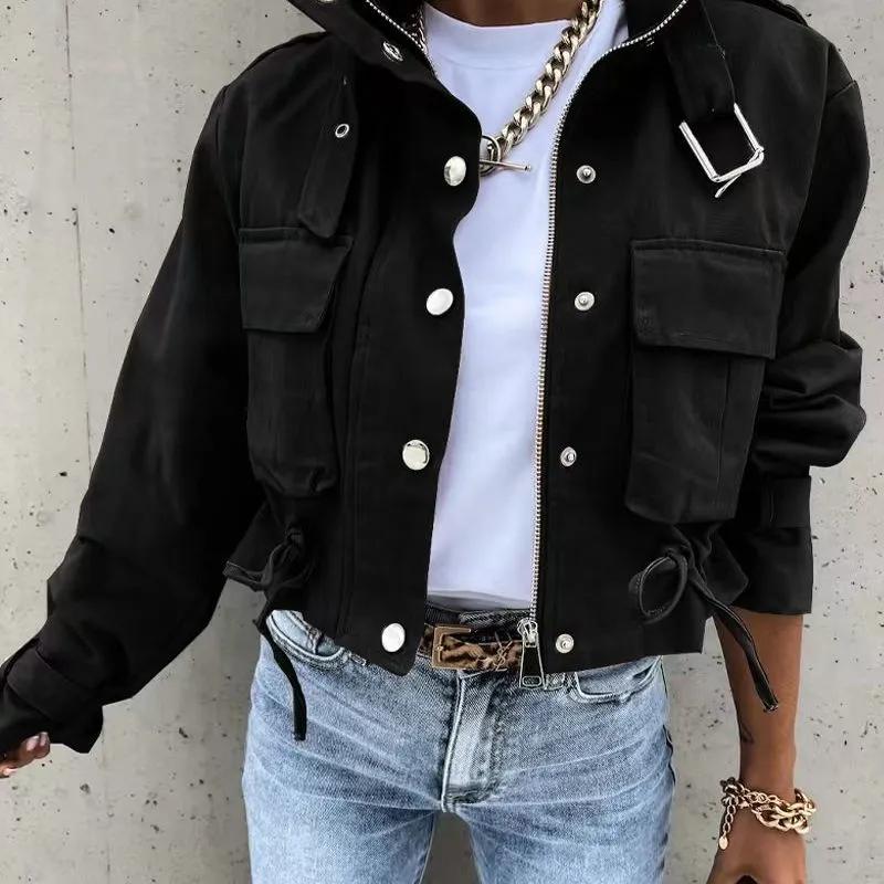Women Jacket Clothing Streetwear Autumn Spring Elegant Slim Round Neck Solid Pocket Button Design Long Sleeve Workwear Coats