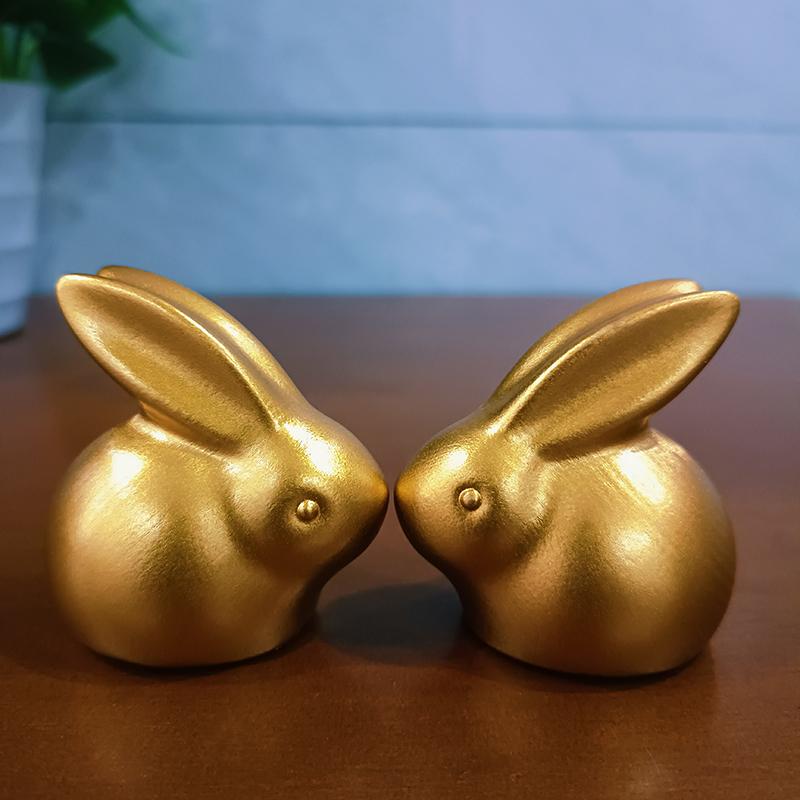 2PCS Gold Rabbit Double Statue Mascot Animal Cartoon Bunny Figurines Ornament Gift Resin Home Car Desktop Decoration