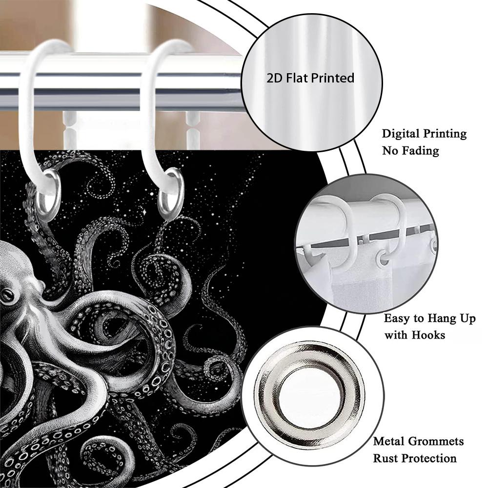 Black Octopus Art Shower Curtain Waterproof Easy To Clean Privacy Protection Print Ocean Creature Design Modern Nontoxicmaterial