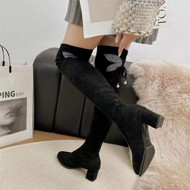 Fashion Winter Rear Lacing Over-the-Knee Boots Ladies Shoes 2024 High Quality Slip-on Women's Boots Fashion Crystal Modern Boots Women