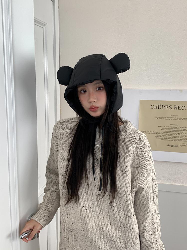 

Пуховая хлопковая теплая шапка с защитой ушей женская милая с ушками Микки зимняя утолщенная от холода шапка на шнуровке Adult (56-58cm) чёрный