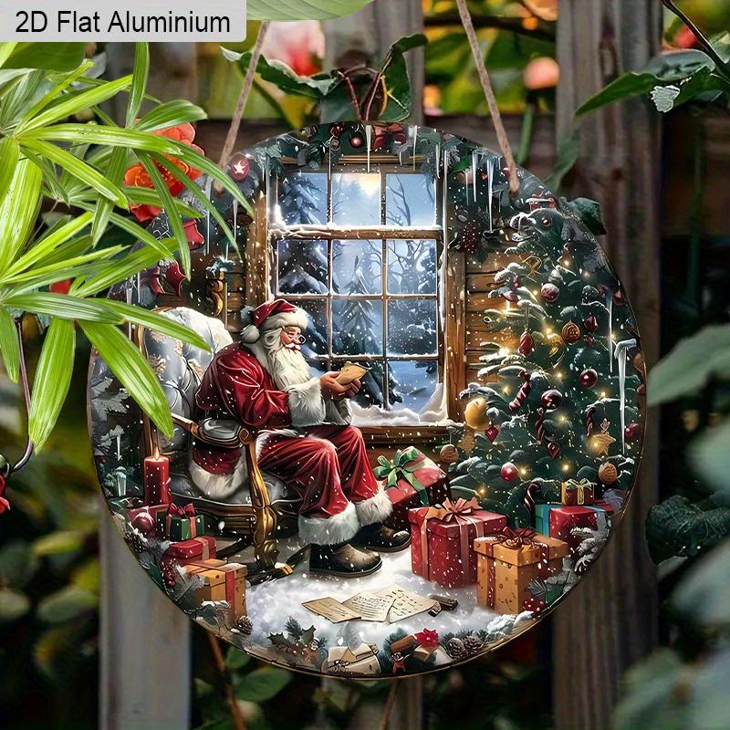 2D Flat Aluminium Oil Painting Style Christmas Sign with Santa Claus Pattern - Warm Winter Figurine Ornaments - Ideal for Front Door, Wall, Porch