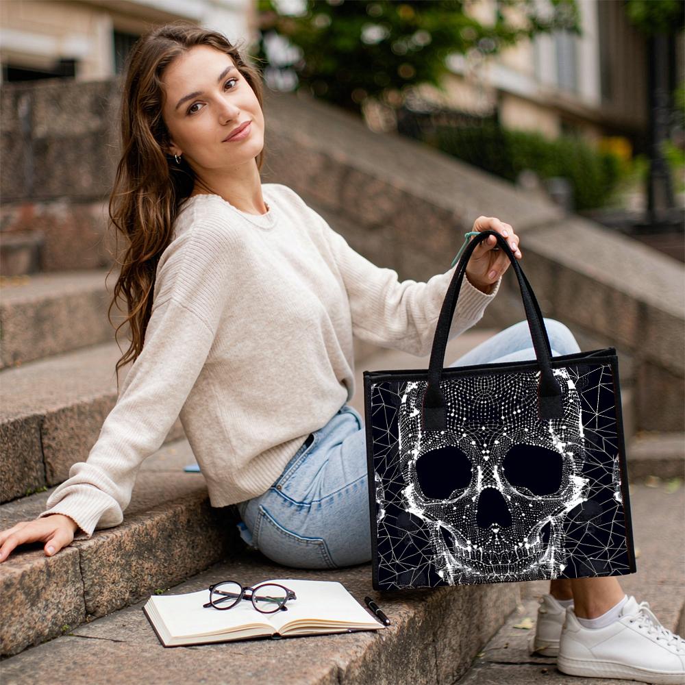 Fashion Skull Pattern Tote Bag Large Capacity Daily Use Casual Portable Top Handle Shoulder Bag for Street Outing