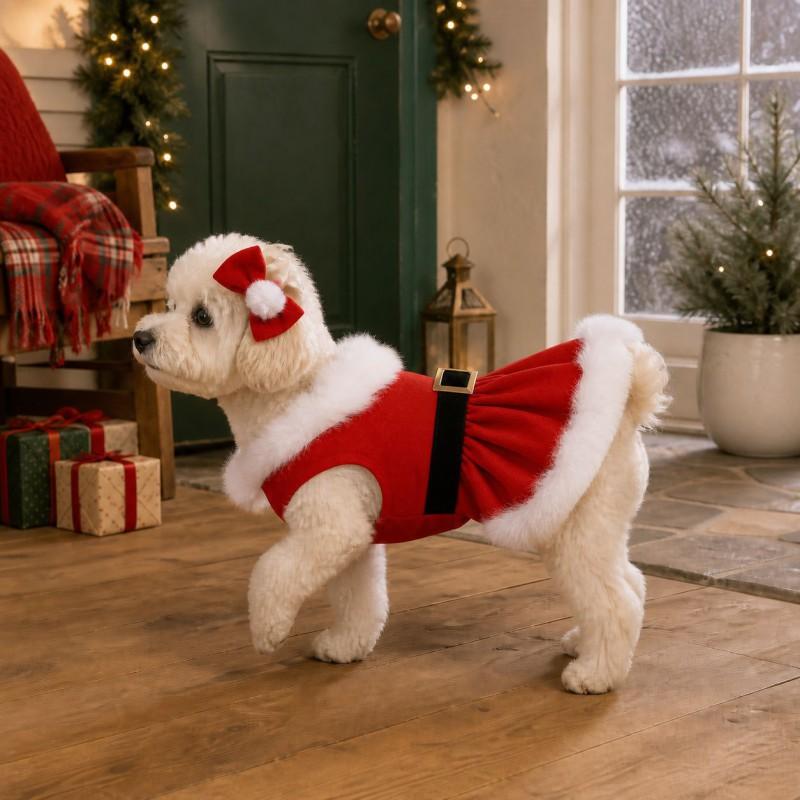 Christmas Plush Trim Dog Dress With Bow Headwear Teddy Bichon Holiday Party Pet Costume