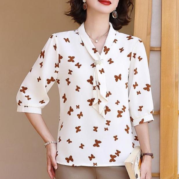 Women Blouse Chiffon Shirt Butterfly Three-quarter Sleeves Spring Summer Clothes Top Long Sleeve Women's Shirt Blusas Ropa De Mujer