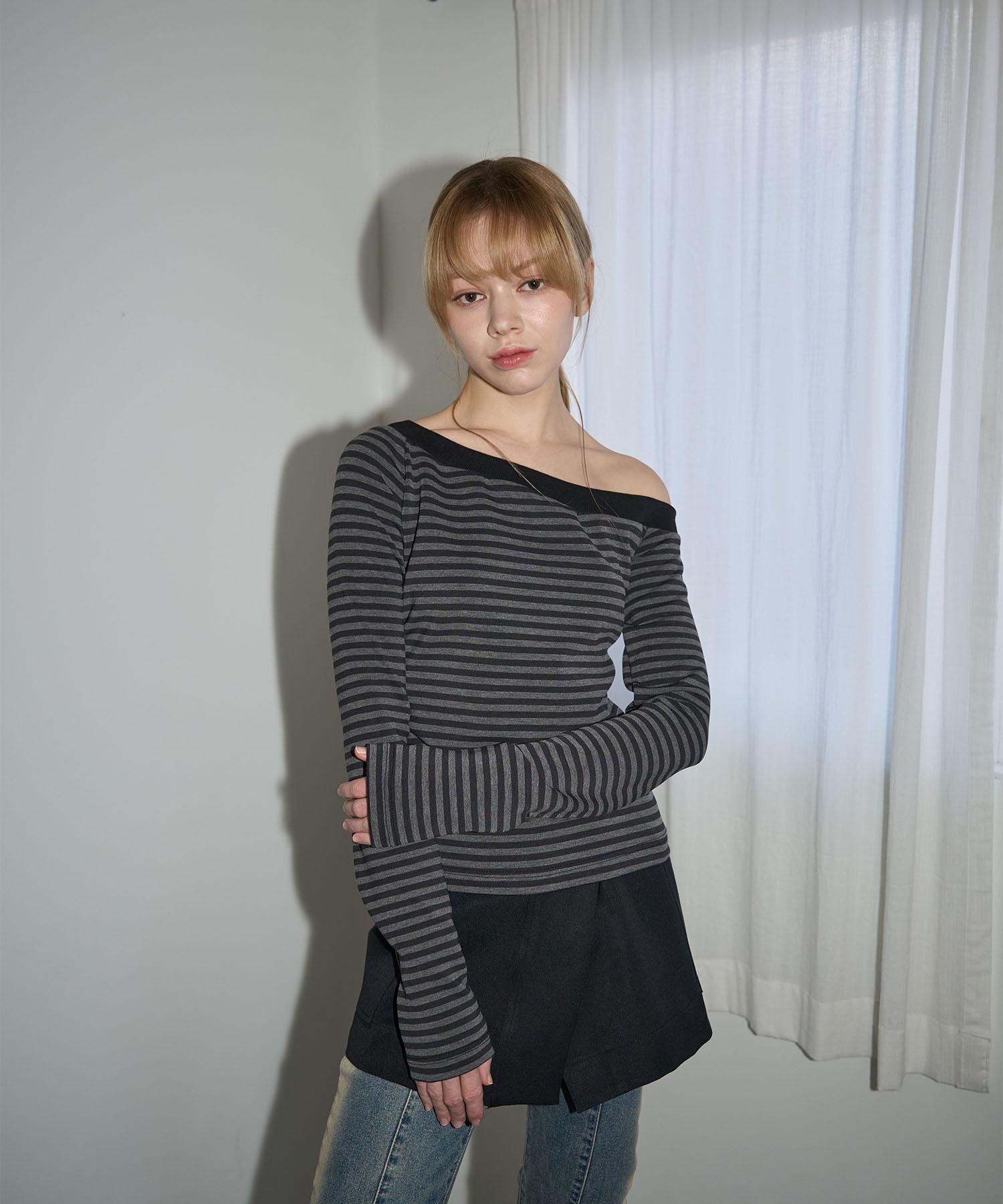 Oo Ml One-Side Off-Shoulder Striped Long Sleeve Charcoal Charcoal/Free