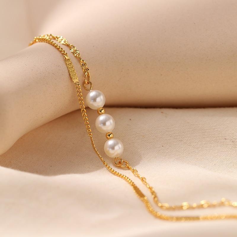 Double Layer Stacked 18k Gold Plated Pearl Anklet Women Minimalist Foot Jewelry