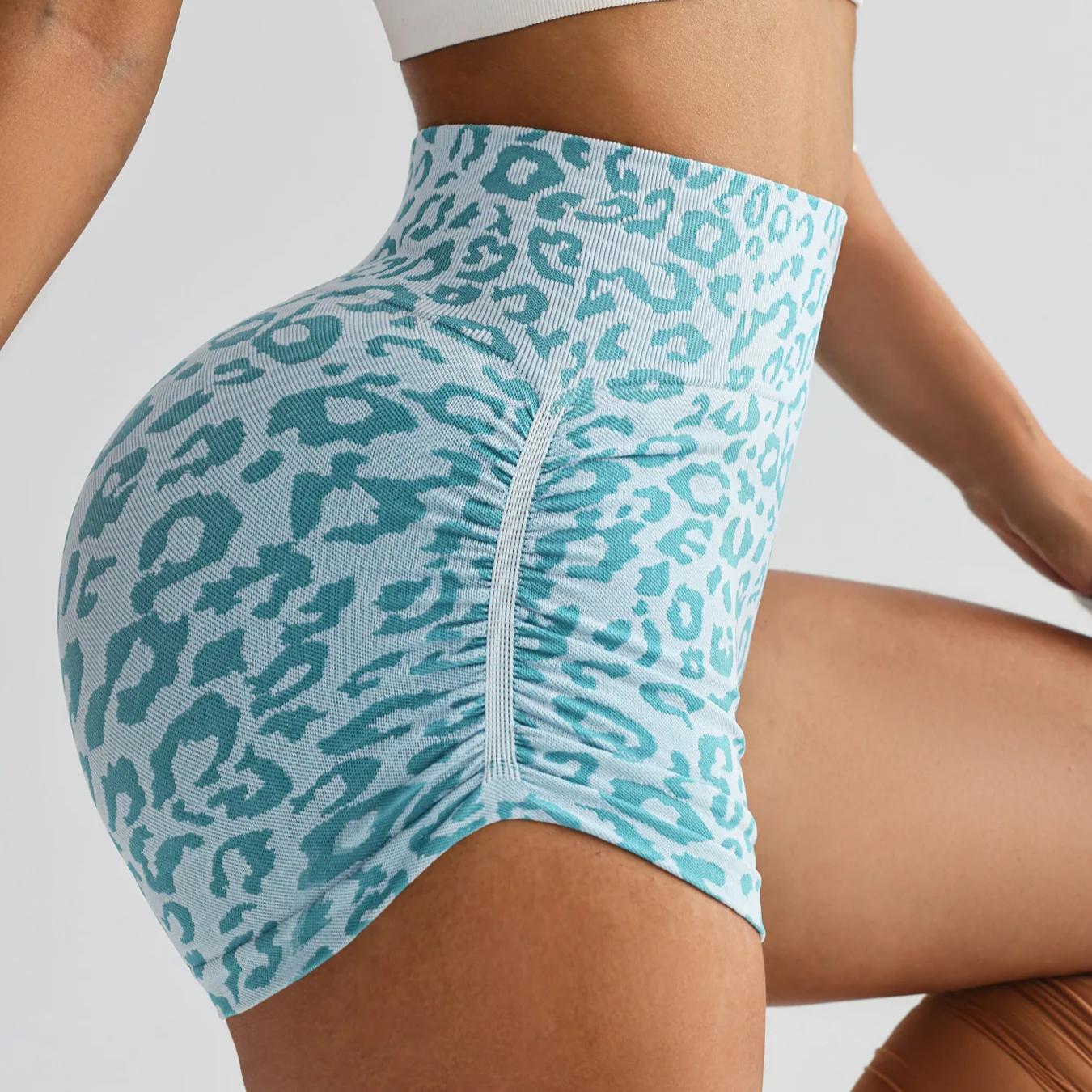 

Леггинсы для фитнеса с высокой талией, леопардовый принт, шорты для йоги, женские шорты Push Up, женские шорты для бега с боковыми складками и подъемом бедер L циан