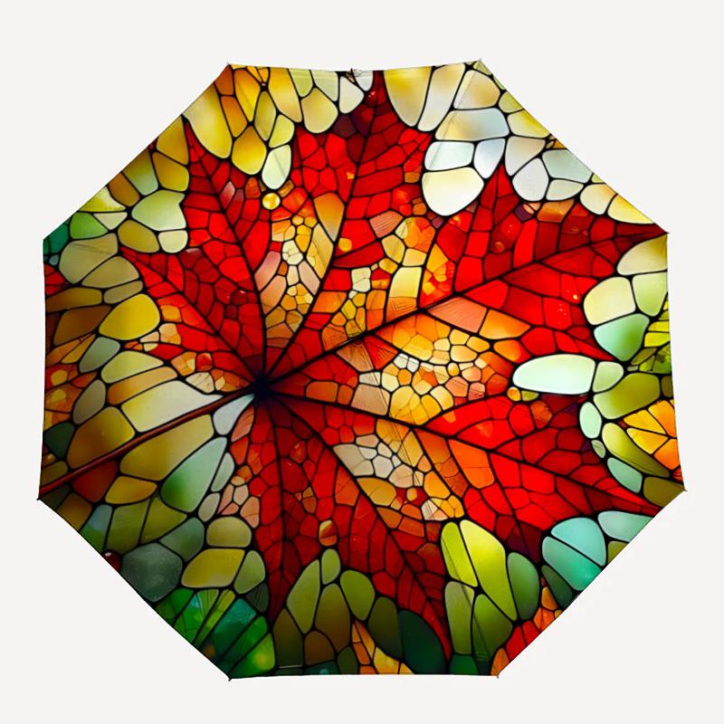 1pc Stained Glass Leaf Automatic Folding Umbrella - 8-Rib Compact Travel Umbrella Durable & Portable for Outdoor Use, Perfect Gift for Birthdays162
