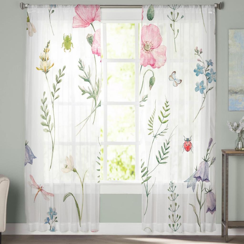 Flower Petals Ladybird Dragonfly Insect Sheer Curtains for Living Room Modern Voile Curtain Bedroom Tulle Curtains Window Drapes