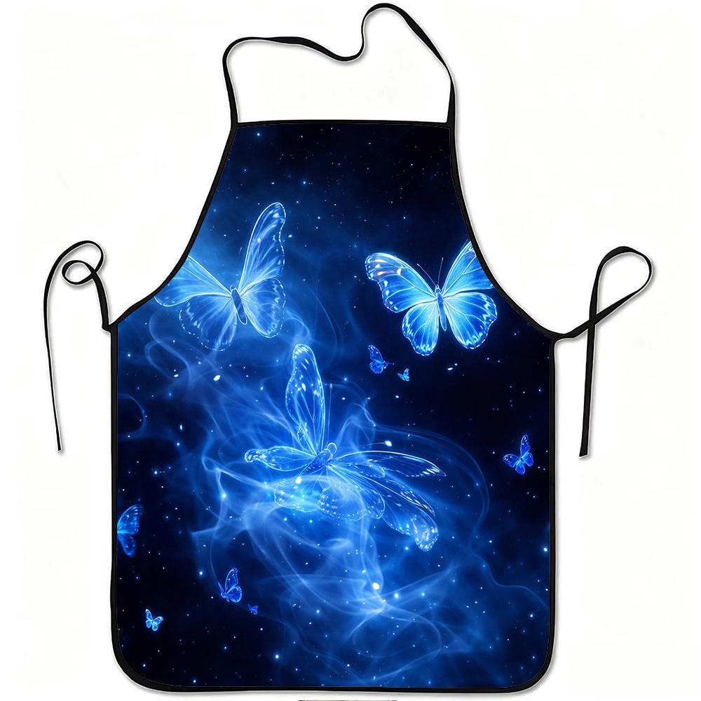 1pc Blue Glowing Butterfly Fantasy Print Apron, Durable And Easy To Clean, Adjustable Waistband, Polyester Material, for Kitchen Cooking, Gardening, O