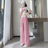 Retro Plaid Casual Trousers for Women In Summer Thin Small Drooping Wide-leg Pants White Design Drawstring Trousers for Women