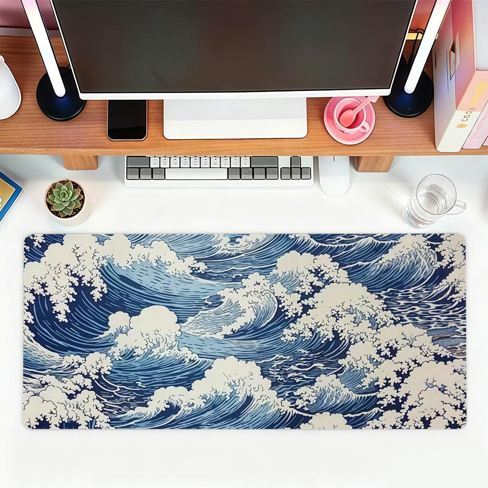Japanese Ocean Wave Large Mouse Pad Blue SeaWave NonSlip Rubber Desk Mat Extended Keyboard Pad For Gaming Office Home Decor