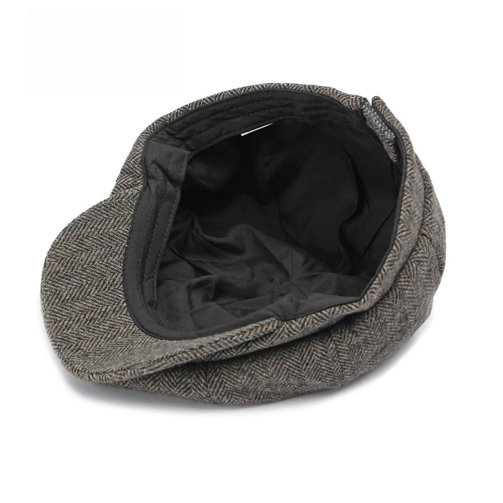 British Style Unisex Herringbone Wool Newsboy Cap, Autumn Winter Eight-Panel Baker Boy Hat, Vintage Casual Painter Beret for Men and Women