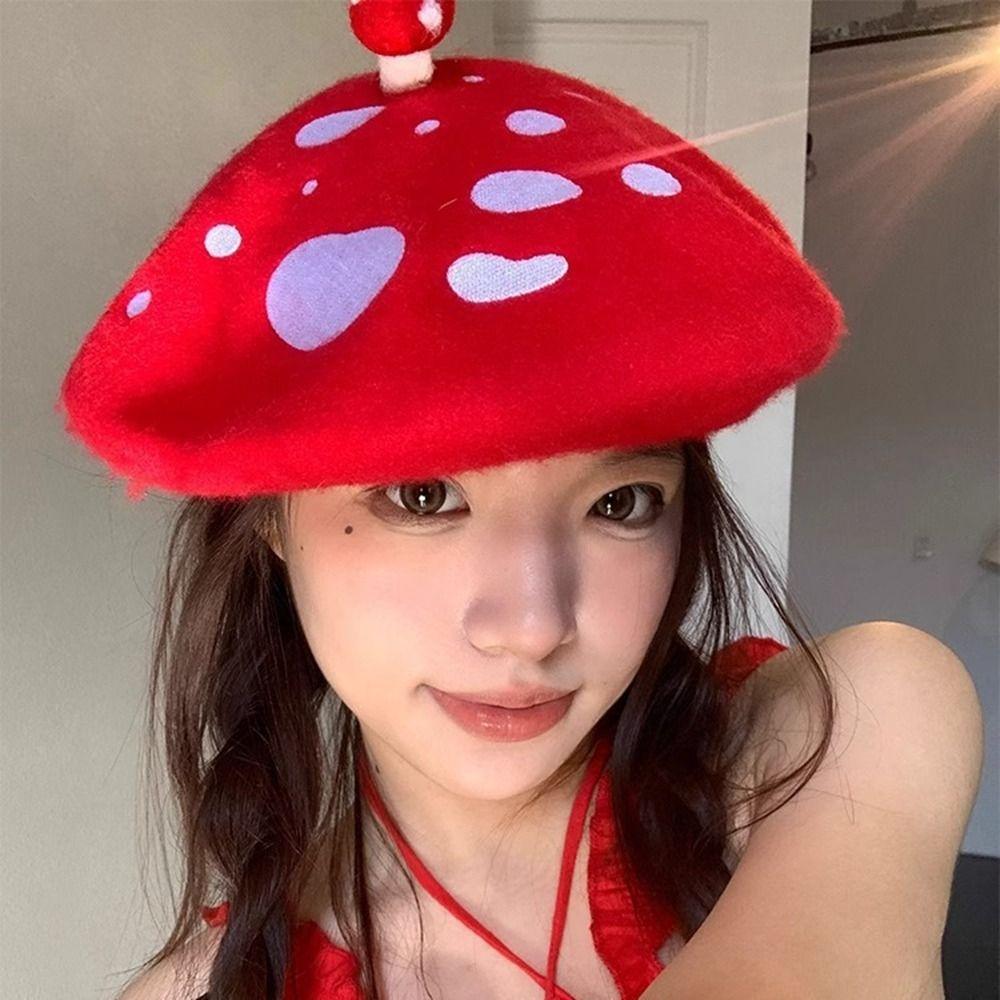 

British Style Octagonal Hat Woolen Cute Painter Hat Personality Mushroom Wool Beret Winter красный