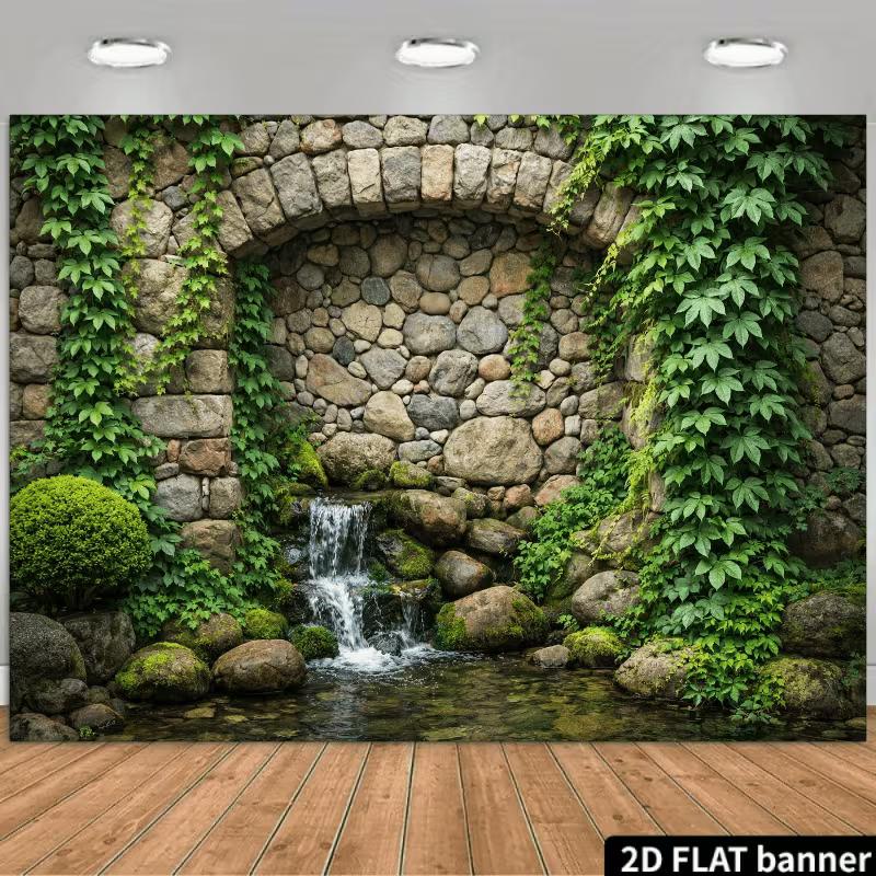 Arazzo da Parete Cascata Specchio Muro di Pietra ad Arco 2D con Edera