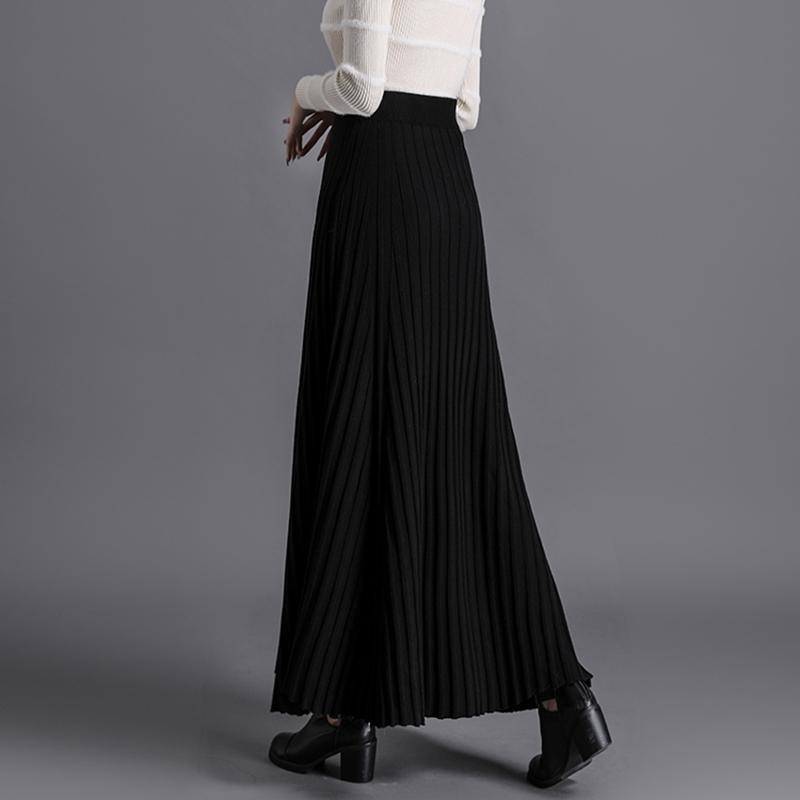 Elastic Waist Black Striped Knitting Maxi Skirts For Woman Elegant Fashion Warm Sweater Saias Longas