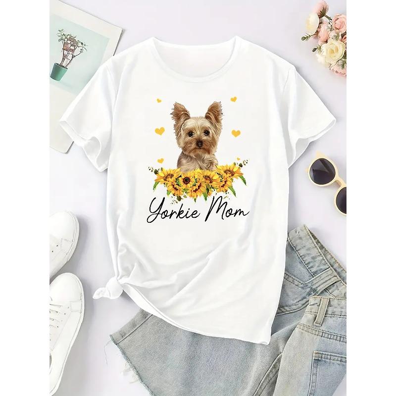 Europäische Größe Damen Süßes Yorkie Hund Grafik T-Shirt, Lässiges Rundhals Kurzarm Sportliches Tee, Damen Sportoberteil mit Sonnenblumendesign