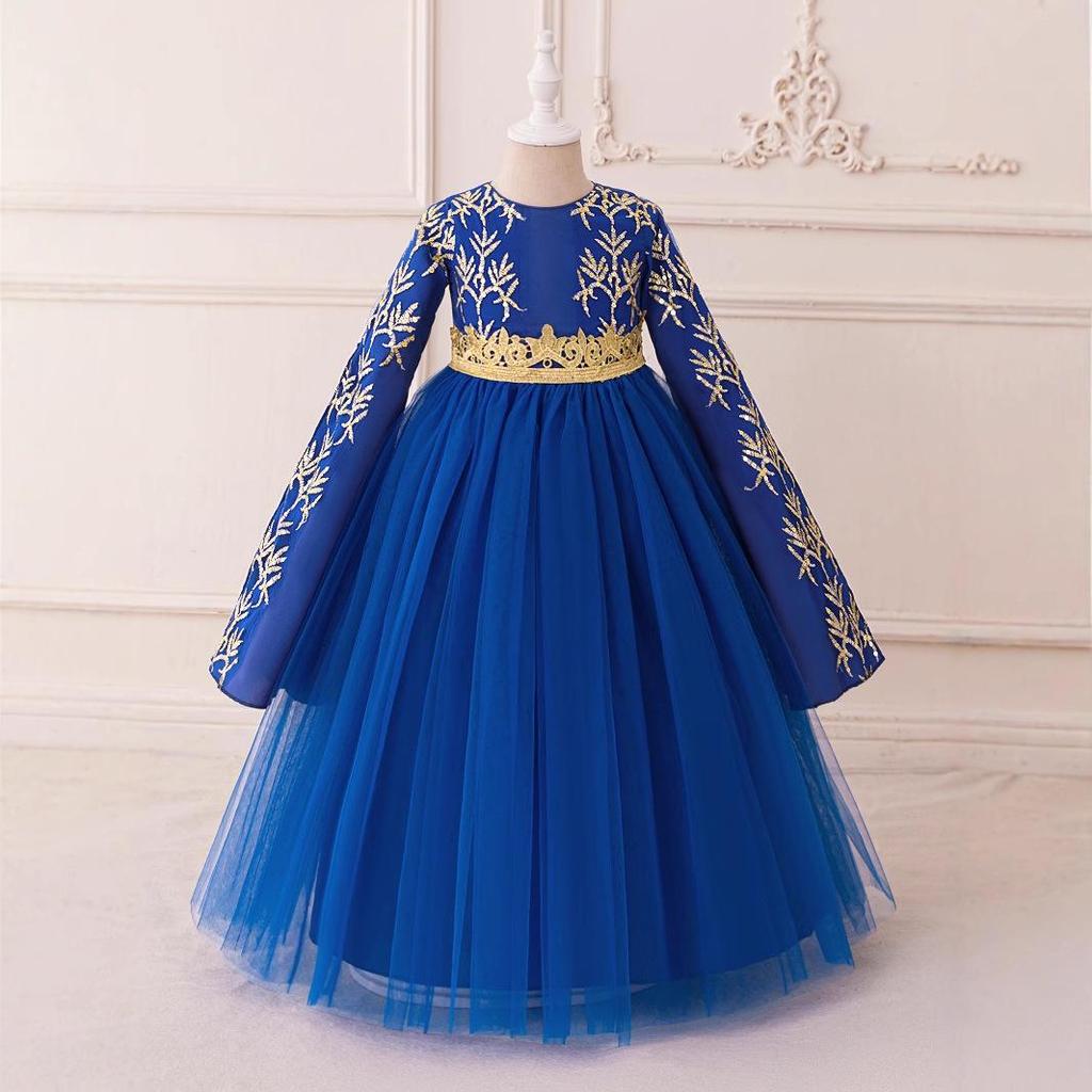Blue Muslim Evening Dress with Long Sleeves and Puffy Tulle Skirt