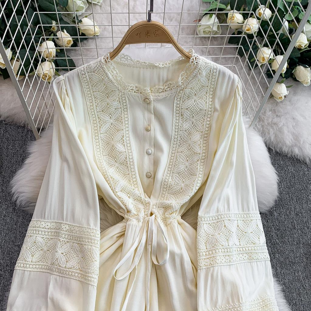 Lace Patchwork Round Neck Long Sleeved Dress for Women In Spring  Autumn Buttoned Drawstring Waist Cinching Slimming Cake Women Dress