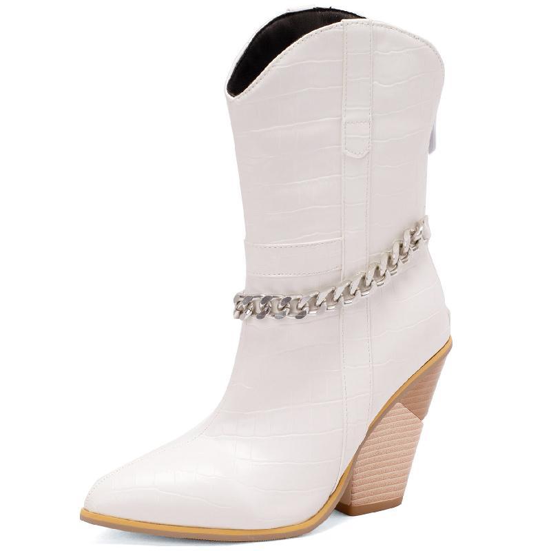 Fashion Western Cowboy Boots For Women Sexy Chain Ankle Boots For Women Wedges Heels Black Yellow White Autumn Winter Shoes Large Size