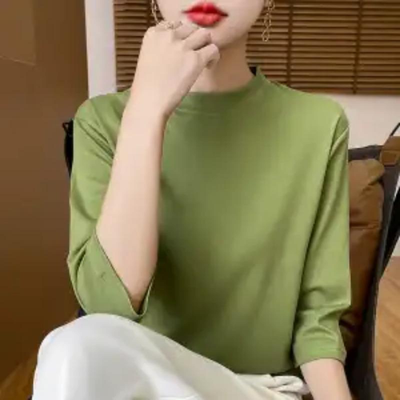

Spring Women Green Mock Neck 3 4 Sleeve Loose Casual T Shirt M зелёный